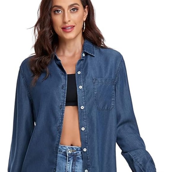 Women's Dark Blue Button Up Cotton Long Sleeve Lightweight Denim Shirt Size M - Picture 2 of 9